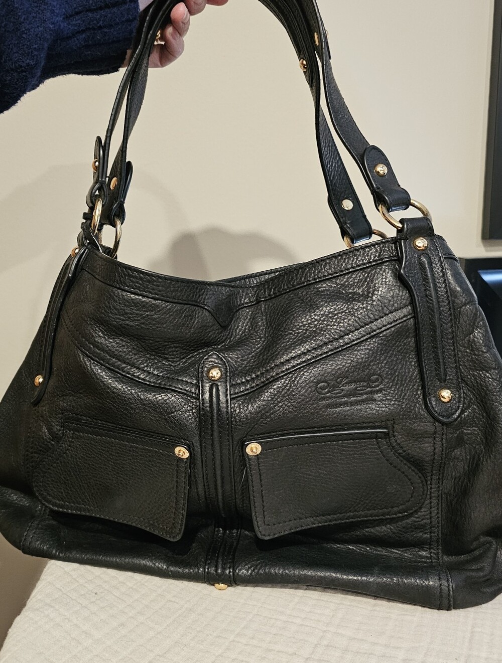 Lauren Ralph Lauren Black Pebbled Leather Hobo Bag with Gold Accents